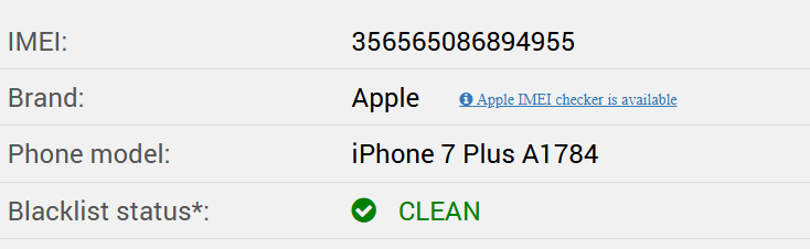 IMEIPro.info showing Blacklist status: CLEAN for an Apple iPhone 7 Plus